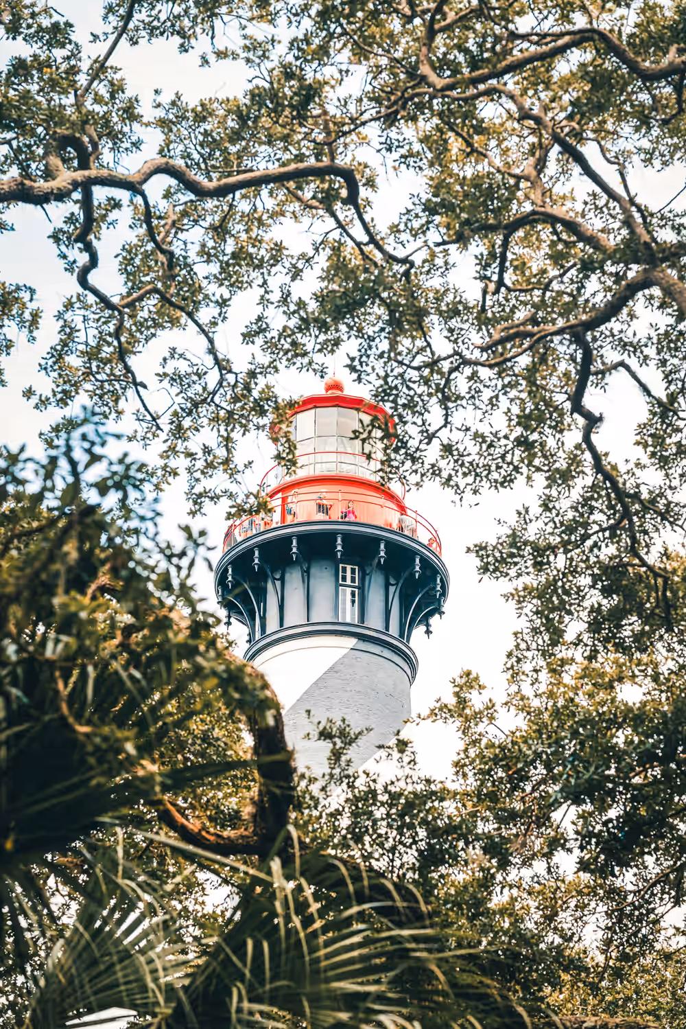 Red and white lighthouse surrounded by trees in St. Augustine, Florida