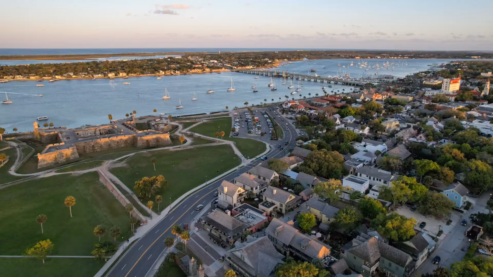 Aerial view of the St. Augustine waterfront at sunset